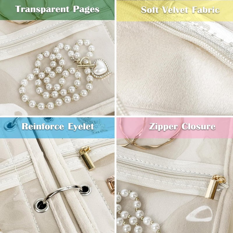LingLingo Travel Jewelry Organizer Case,Jewelry Bags for Traveling, Jewelry Binder with 24 Pcs Clear Zipper Velvet Pouches for Storing Earrings, Rings, Necklace, Bracelet, Watch (Beige) - Image 4